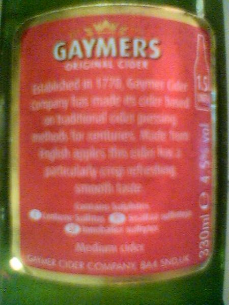 Gaymers Original Cider back label