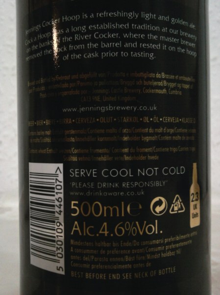 Jennings Cocker Hoop Golden Ale back label